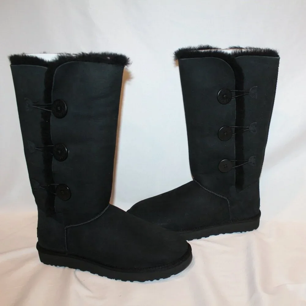 NEW UGG BAILEY BUTTON WATER RESISTANT TALL SUEDE SHEARLING LINED BOOTS BLACK‎